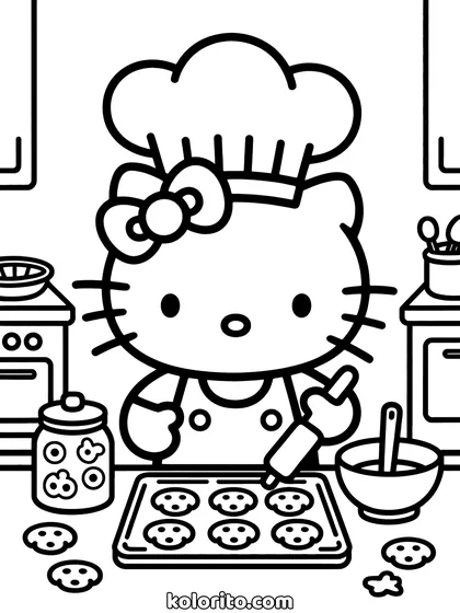 Hello Kitty coloring page: in a chef hat with a tray of cookies and a mixing bowl