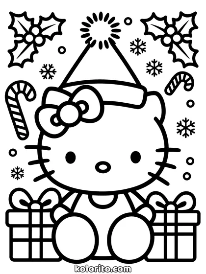 Hello Kitty coloring page: in a Santa hat with presents and snowflakes around her