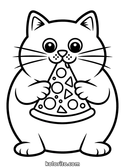Dikke kat met pizza kleurplaat: een mollige kat houdt met beide poten een punt pizza vast