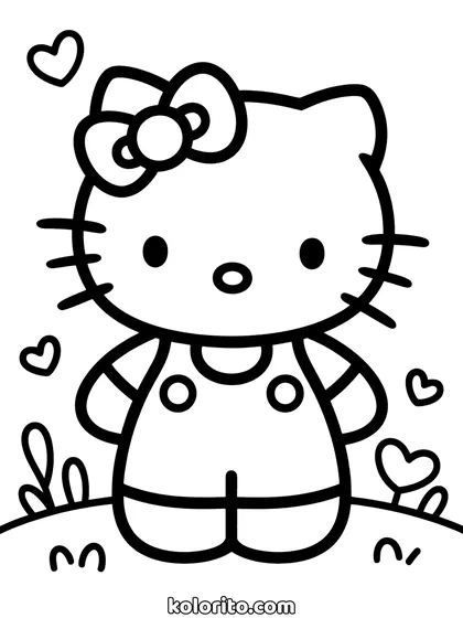 Hello Kitty coloring page: standing in blue overalls with a yellow trim