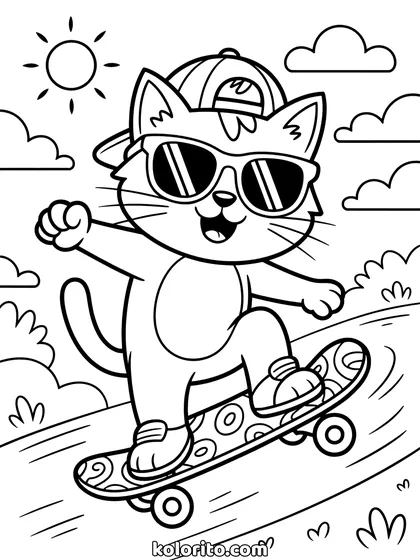 Kat op een skateboard kleurplaat: een kat met pet en zonnebril rijdt op een skateboard