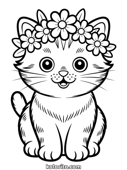 Kat met bloemenkrans kleurplaat: een zittende kat draagt een krans van bloemen op zijn kop