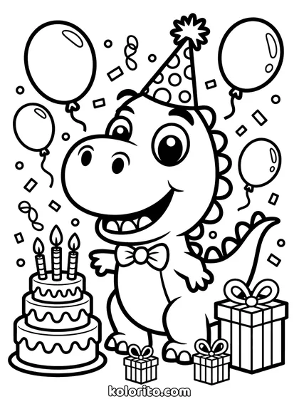 Dinosaurus verjaardag kleurplaat: een dinosaurus viert feest met taart, ballonnen en cadeaus