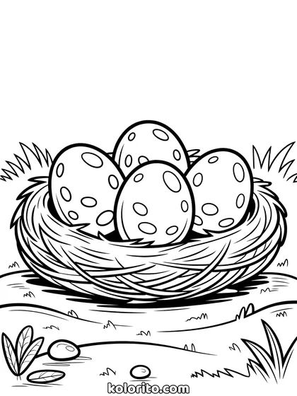 Dinosaurus eieren kleurplaat: een nest vol dinosaurus eieren tussen takken en bladeren