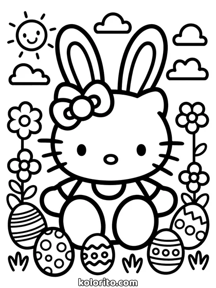 Hello Kitty coloring page: wearing bunny ears among decorated Easter eggs