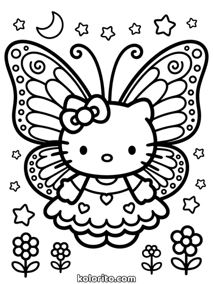 Hello Kitty coloring page: with large patterned fairy wings and a wand
