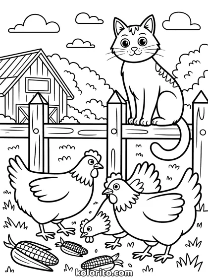 Boerderijkat kleurplaat: een kat op een hek kijkt naar kippen die op het erf scharrelen