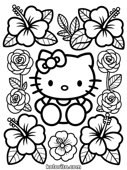 Hello Kitty coloring page: framed by large hibiscus flowers and roses