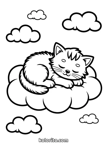 Katje op een wolk kleurplaat: een pluizig katje ligt opgerold te slapen op een wolk