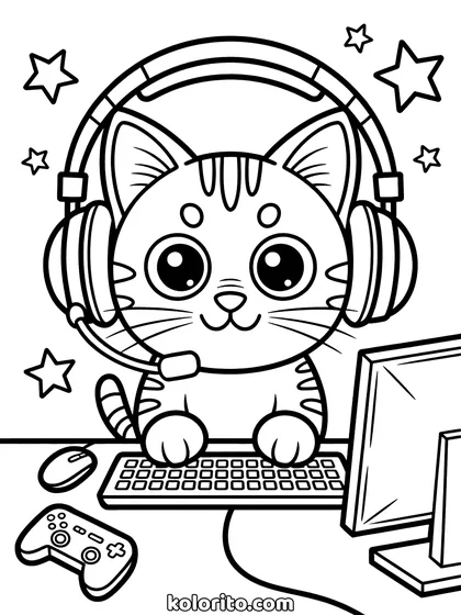 Gamer kat kleurplaat: een kat met koptelefoon zit achter een computer met toetsenbord en muis