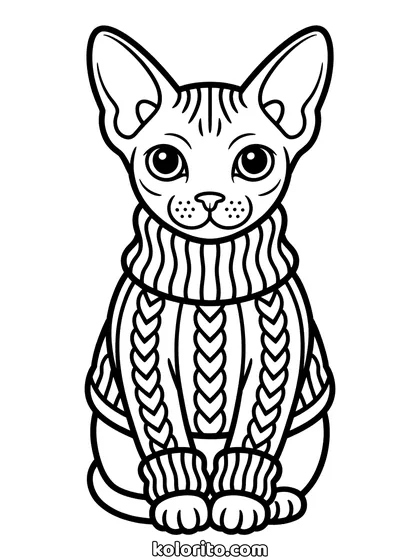 Sphynx kat kleurplaat: een kale sphynx kat draagt een gebreide trui met patroon