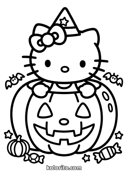Hello Kitty coloring page: sitting inside a carved pumpkin with bats and sweets around