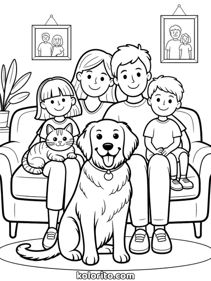 Gezin met kat en hond kleurplaat: een gezin zit op de bank met een kat op schoot en een hond ervoor