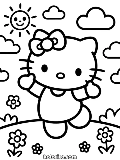 Hello Kitty coloring page: jumping in a field with a sun, clouds and flowers