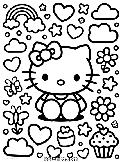 Hello Kitty coloring page: surrounded by a dense collage of hearts, stars, sweets and clouds