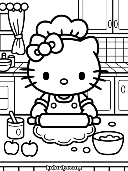 Hello Kitty coloring page: baking a pie in a kitchen with a lattice crust, jars and utensils