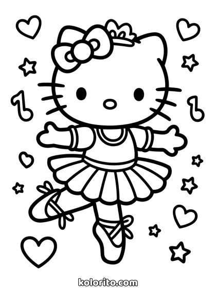 Hello Kitty coloring page: in a tutu and ballet shoes, standing on one leg