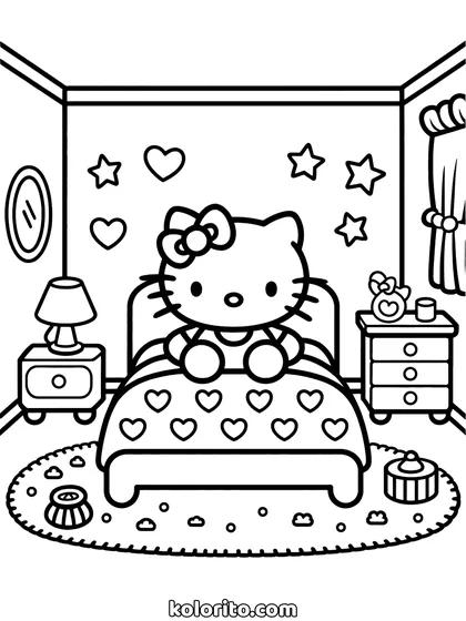 Hello Kitty coloring page: in a bedroom with a bed, a patterned rug, a lamp and shelves