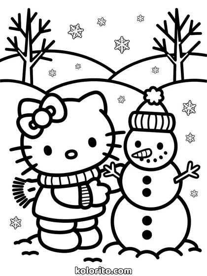Hello Kitty coloring page: building a snowman in the snow, bare trees behind