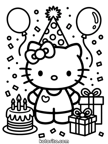 Hello Kitty coloring page: under a Happy Birthday banner beside a tiered cake with candles