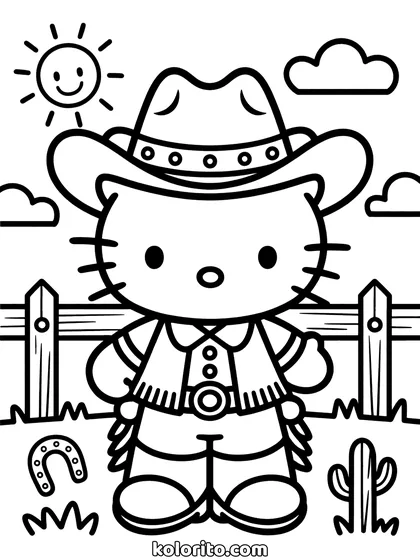 Hello Kitty coloring page: in a cowboy hat and boots, a fence and cactus behind her