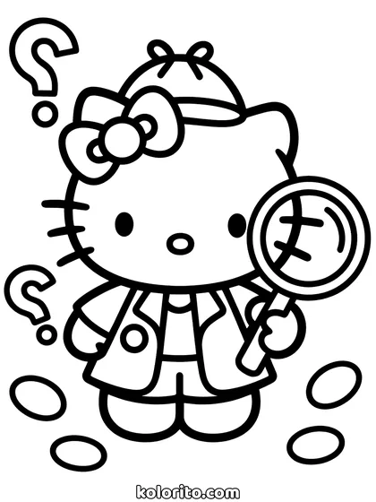 Hello Kitty coloring page: in a detective coat holding a magnifying glass