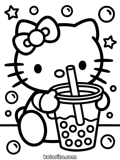 Hello Kitty coloring page: holding a cup of bubble tea with a wide straw