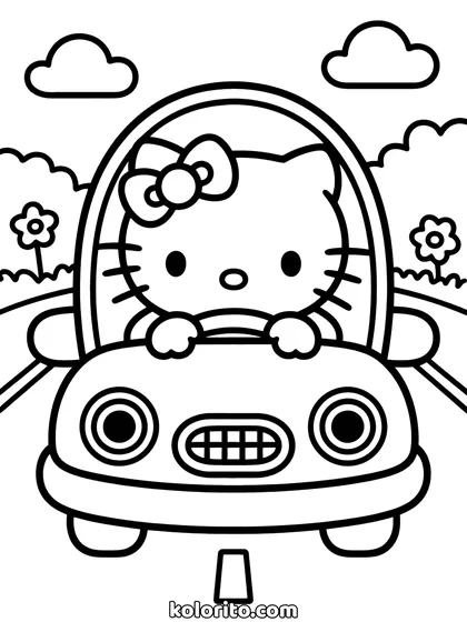 Hello Kitty coloring page: driving a small rounded car with big headlights