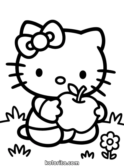 Hello Kitty coloring page: holding a large apple with both paws