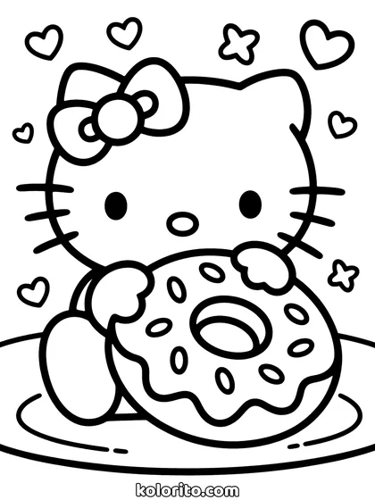 Hello Kitty coloring page: holding a large glazed donut covered in sprinkles