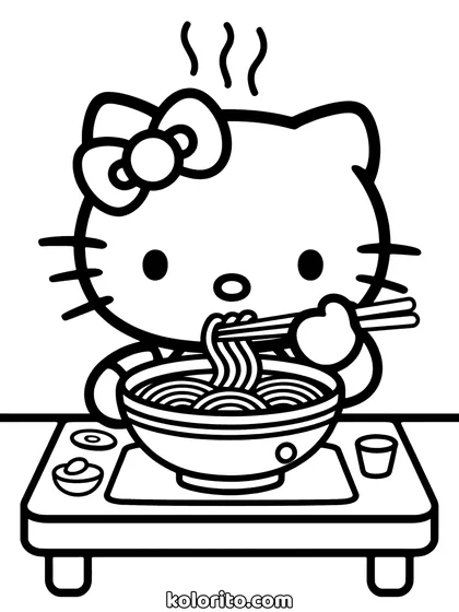 Hello Kitty coloring page: eating ramen from a bowl with chopsticks, steam rising