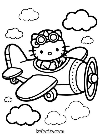 Hello Kitty coloring page: flying a small propeller plane through the clouds
