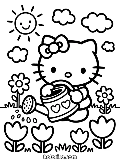 Hello Kitty coloring page: watering a row of tulips with a watering can, sun overhead