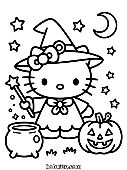 Hello Kitty coloring page: in a witch hat with a wand, a cauldron and a jack o lantern