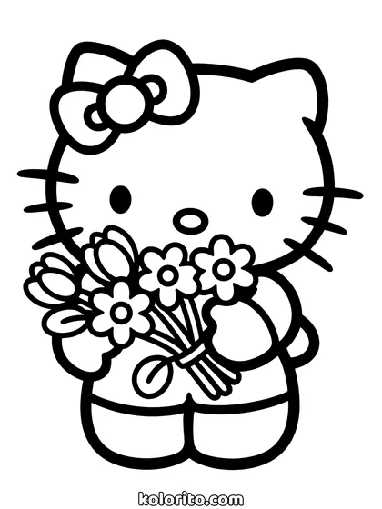 Hello Kitty coloring page: holding a bouquet of flowers in both paws