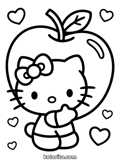Hello Kitty coloring page: hugging an apple bigger than herself
