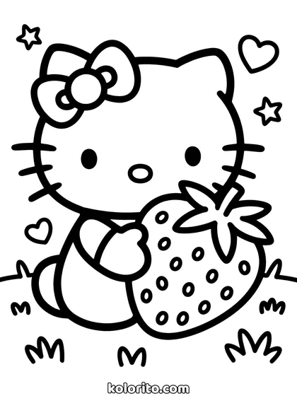 Hello Kitty coloring page: holding a strawberry bigger than she is