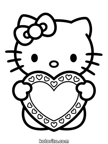 Hello Kitty coloring page: holding a large heart filled with smaller hearts