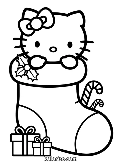 Hello Kitty coloring page: sitting inside a Christmas stocking with holly and presents