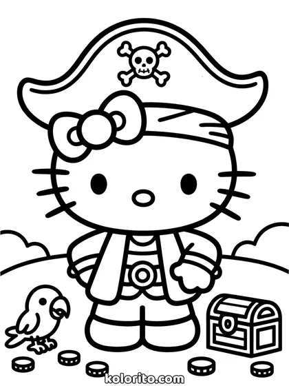 Hello Kitty coloring page: in a pirate hat with a parrot and a treasure chest