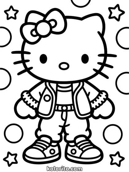 Hello Kitty coloring page: in a nineties outfit with an oversized jacket and chunky trainers