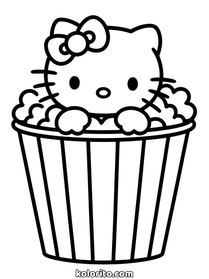 Hello Kitty coloring page: sitting inside a striped popcorn bucket