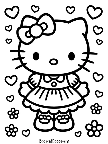 Hello Kitty coloring page: in a frilled dress with layered ruffles and ribbons