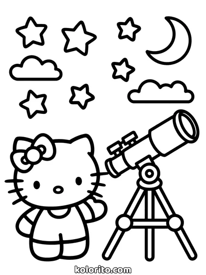 Hello Kitty coloring page: standing beside a telescope under a sky of stars and a moon