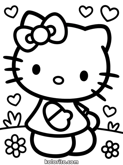 Hello Kitty coloring page: standing with her head turned back over one shoulder