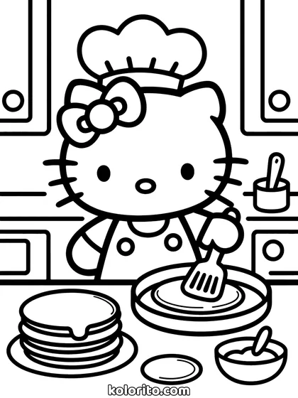 Hello Kitty coloring page: in a chef hat making pancakes, a stack on a plate beside her