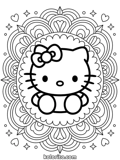 Hello Kitty mandala coloring page: a symmetrical pattern of petals and rings around a central figure