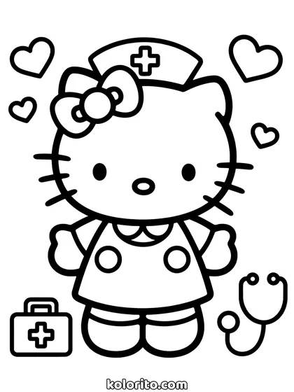 Hello Kitty coloring page: in a nurse uniform with a cap, stethoscope and first aid kit