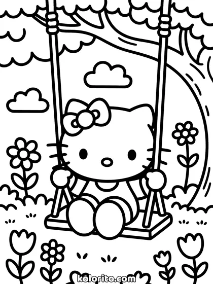Hello Kitty coloring page: on a swing hanging from a tree branch, tulips below