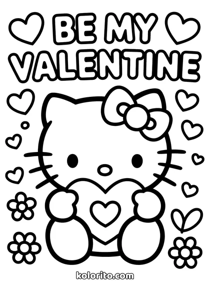 Hello Kitty coloring page: holding a heart under a Be My Valentine heading, surrounded by hearts and flowers